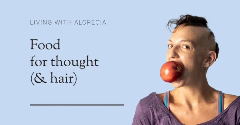 Alopecia girl with apple