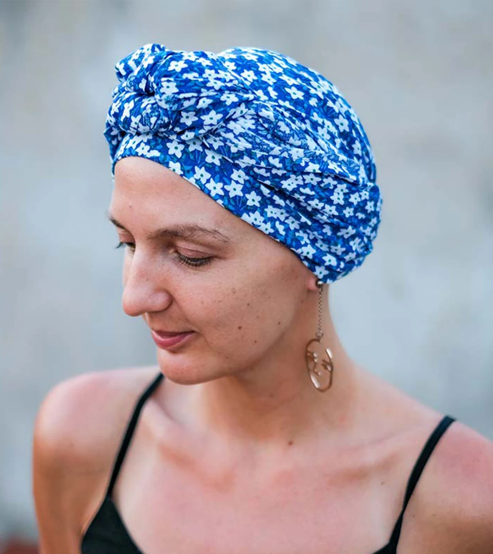 Colouful blue floral headscarf for hairloss